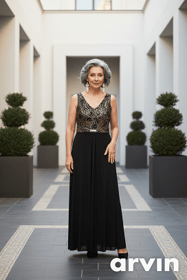 Elegáns fekete-arany maxi ruha M-es