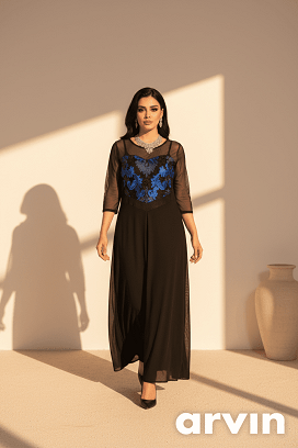 Elegáns fekete-kék maxi ruha L-es